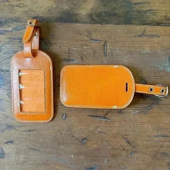 Lillian Vernon Set of 2 Orange Real Leather Luggage Tags NWOT - Picture 3 of 4